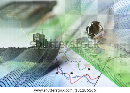 Business background with map, graph and buildings.