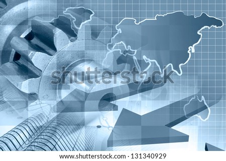 Business background with map, gear and buildings, blue toned.