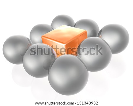 Red cube and grey spheres as abstract background.