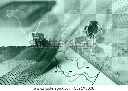 Business background with map, graph and buildings, green toned.