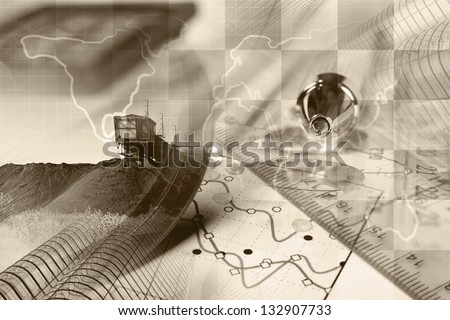Business background with map, graph and buildings, sepia toned.