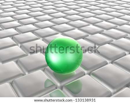 Green sphere and grey cubes as abstract background.