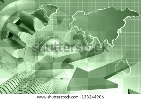 Business background with map, gear and buildings, in greens.