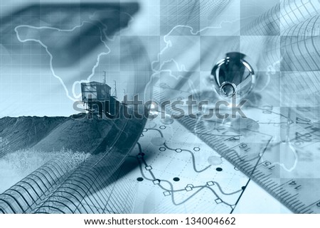 Business background with map, graph and buildings, in blues.