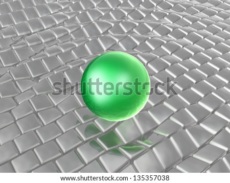 Green sphere on grey cubes as abstract background.