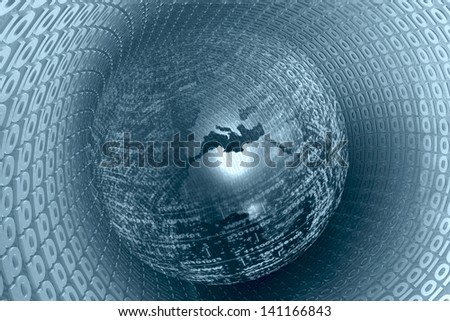 Digital globe on the tunnel - abstract computer background in blues.