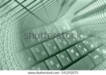 Buildings and keyboard - abstract computer background in greens.
