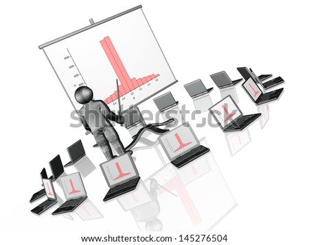 Man with presentation stand, white background.