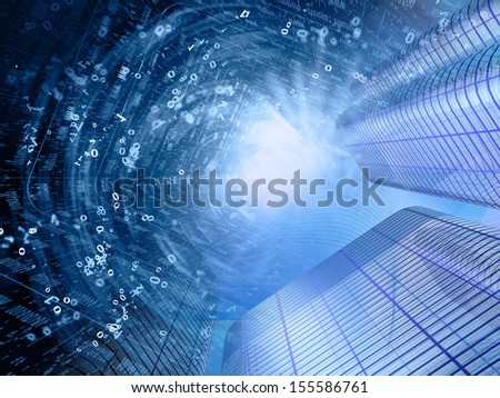Digits and buildings - abstract computer background.