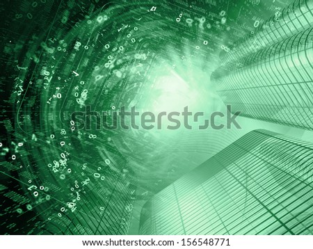 Digits and buildings - abstract computer background in greens.