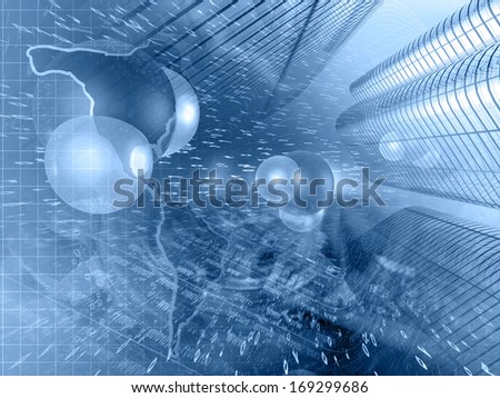 Buildings and map - abstract computer background in blues.