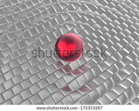 Red sphere on grey cubes as abstract background.