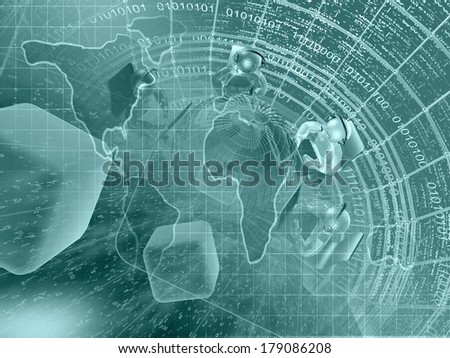 Digits, men and map - abstract computer background in greens.