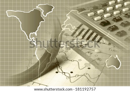 Business background in sepia with map, calculator and graph.