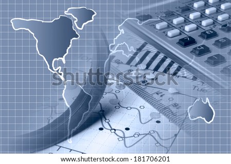 Business background in blues with map, calculator and graph.