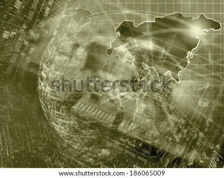 Computer background in sepia with electronic device, map and digits.