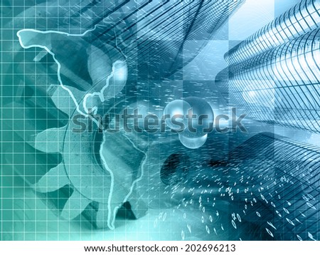 Buildings and map - abstract computer background in greens and blues.