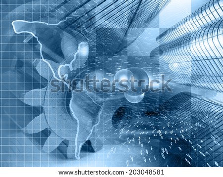 Buildings and map - abstract computer background in blues.