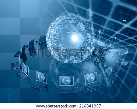 Computer background in blues with globe, laptops and digits.