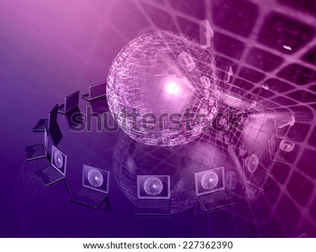 Communication background - laptops and digits in the tunnel, in violet.
