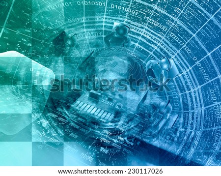 Digits, mans and globe - abstract computer background in greens and blues.