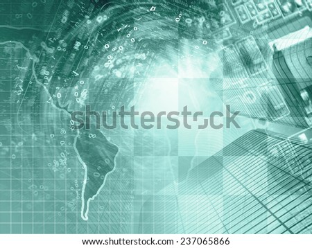 Business background in greens with map, electronic device and digits.