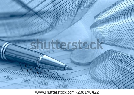 Business background in blues with money, buildings and pen.