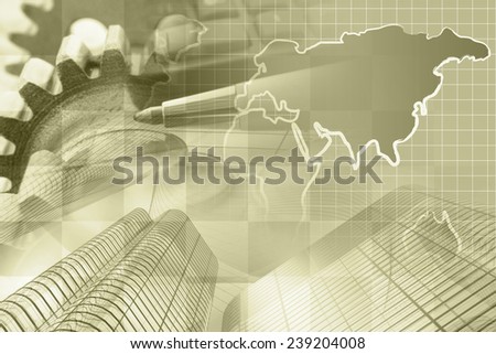 Business background in sepia with money, map and pen.