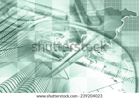 Business background in greens with map, buildings and pen.