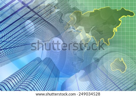 Business background with map, buildings and gears.