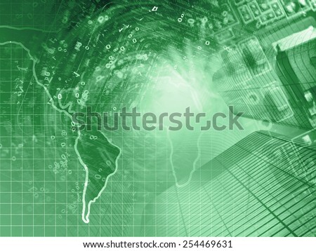 Digits, buildings and map - abstract computer background in greens.