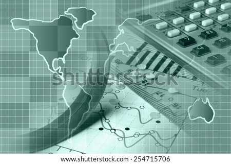 Business background with map, calculator and graph, green toned.