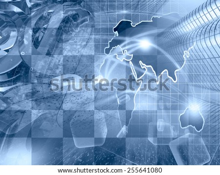 Digits, buildings and map - abstract computer background in blues.