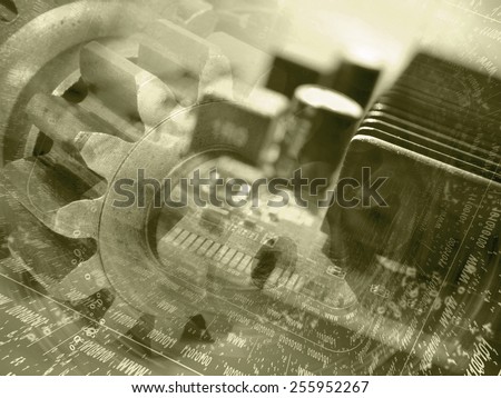 Computer background with electronic device, gear and digits - sepia toned.
