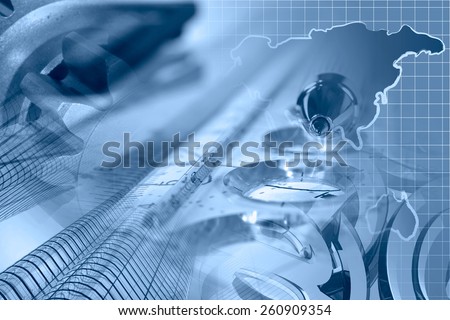 Financial background with map, gear, buildings, graph and pen, blue toned.