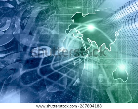 Digits, buildings and map - abstract computer background in greens and blues.