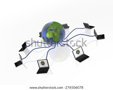 Network - notebooks and globe on white background.