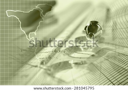 Financial background with map, buildings, graph and pen, in sepia.