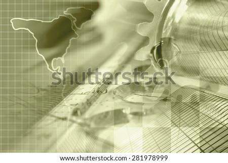Financial background in sepia with map, graph, buildings and pen.