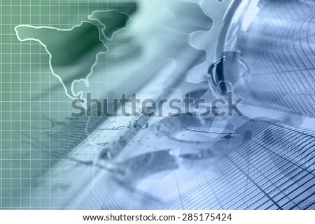 Business background with buildings, map and graph, in greens and blues.