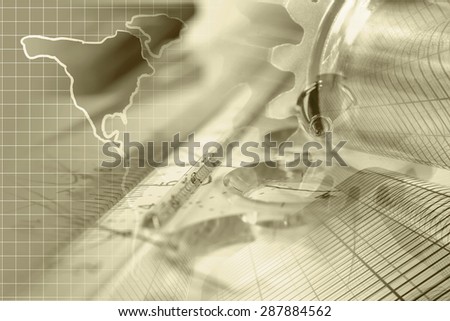 Business background in sepia with buildings, map and graph.