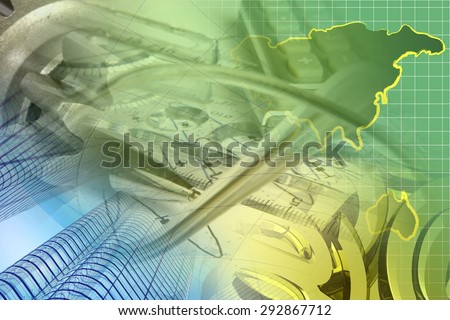 Financial background with buildings, map, graph and pen.