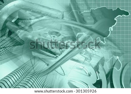 Financial background in greens with buildings, map, graph and pen.