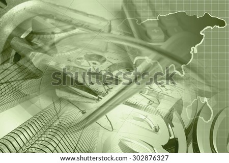 Financial background in sepia with buildings, map, graph and pen.