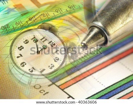 Pen, magnifier, money and clock, collage about statistic.