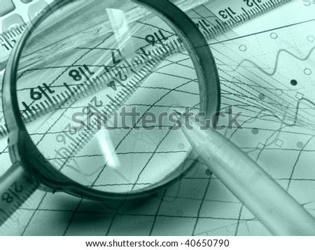 Graphic, magnifier, ruler and calculator, collage about analysis in greens.