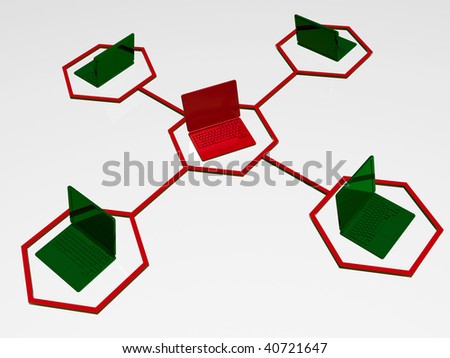 Five connected computers on white background.