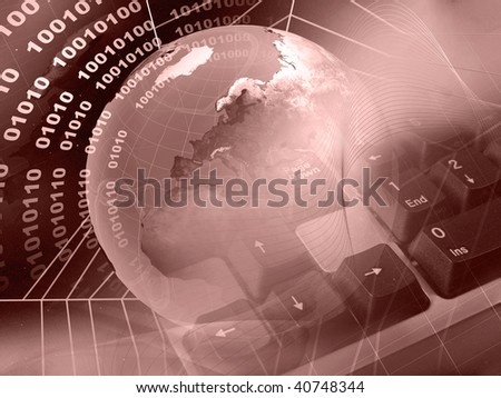 Electronic collage - globe, digits, keyboard and cobweb on space background (red).