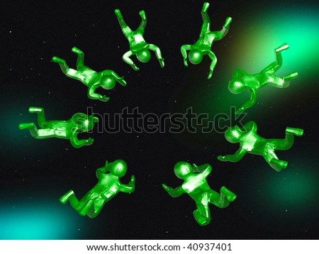 Translucent flying mans on the space background.