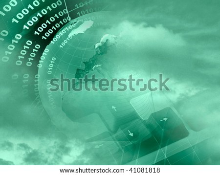 Electronic collage - globe, digits, keyboard and cobweb on space background (green).
